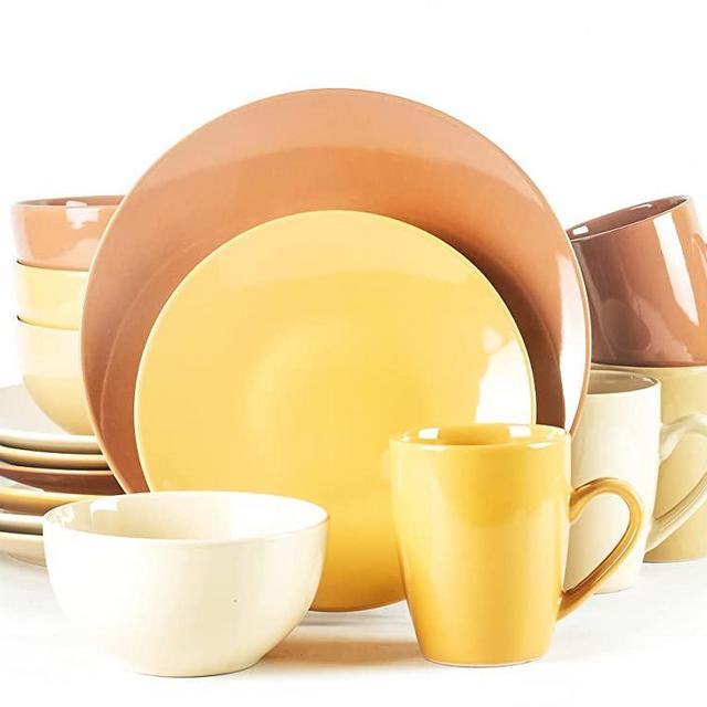HomeVss, Color Wave Stoneware 16pc Dinnerware Set, Honey Comb