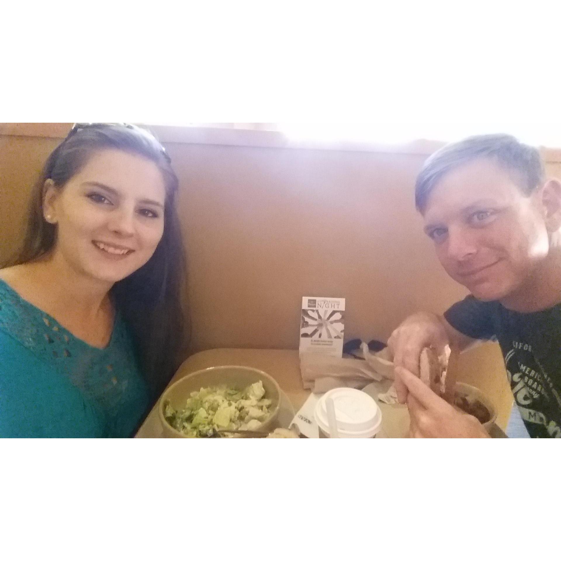 Eating at Panera with no kids!!! Love them but it is nice to get to talk to each other with no distrations.