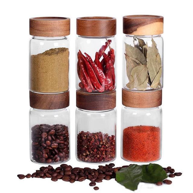 SAIOOL 6 Pcs Small Glass Spice Jars with Label,High Sealing Threaded Mouth,with Black Printed Spice Labels - 8.79oz /260ml*6 ,Empty Cylinder Spices Bottles ,Storage Jars with Airtight Screw Lids,Retro Style