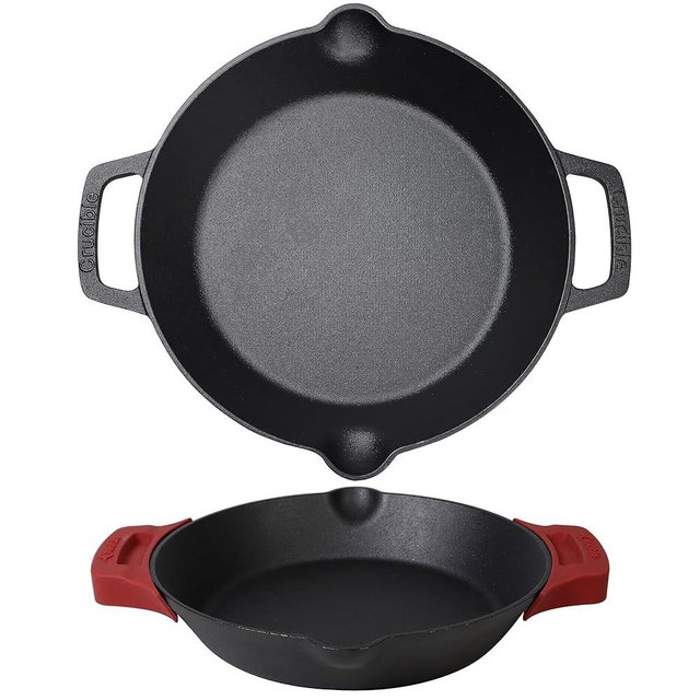 Cast Iron Skillet - 10.25"-Inch Dual Loop Handle Frying Pans + Silicone Handle Holder Covers - Oven Safe Cookware - Indoor/Outdoor Use - Use on any Stovetop, Grill, Induction Safe