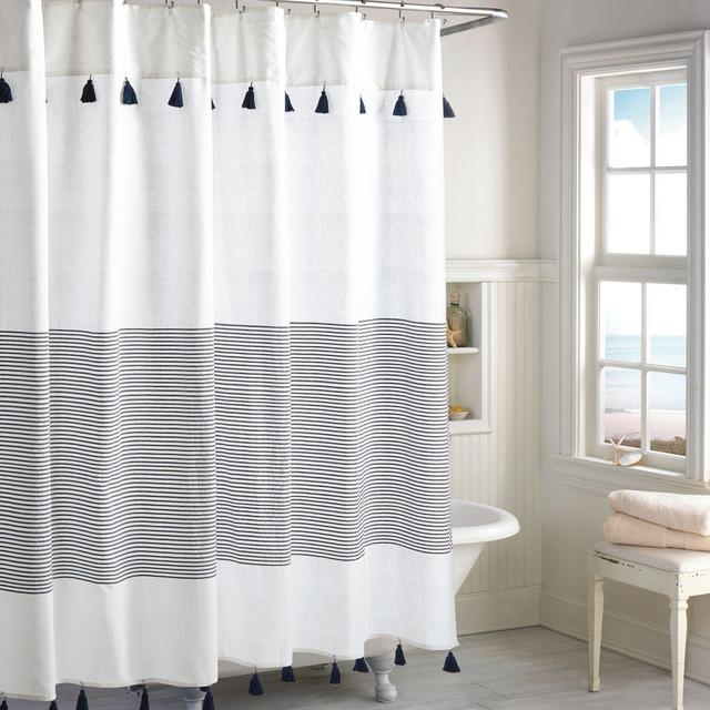Peri Home Panama Stripe 72-Inch Square Shower Curtain in Navy