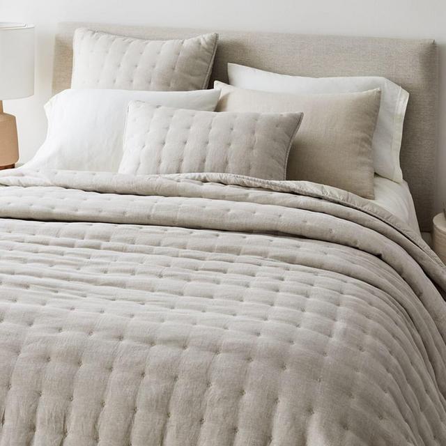 European Flax Linen Tack Stitch Quilt, Full/Queen, Natural Flax