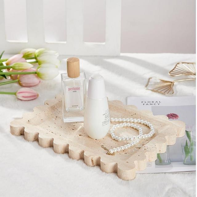 Denique Natural Travertine Tray with Scalloped Edge, 10.8x8 Rectangle Vanity Tray for Bathroom Kitchen Countertop, Beige Decorative Tray Stone Storage Tray for Dresser Home Decor