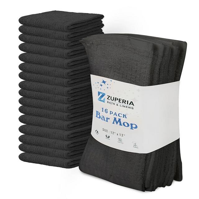 ZUPERIA Premium Bar Mop 16 Pack (12 x 12) - 100% Cotton Cleaning Towels Made with Ribbed Design for Quick and Easy Cleanups - Everyday Kitchen and Dish Towels (Grey)
