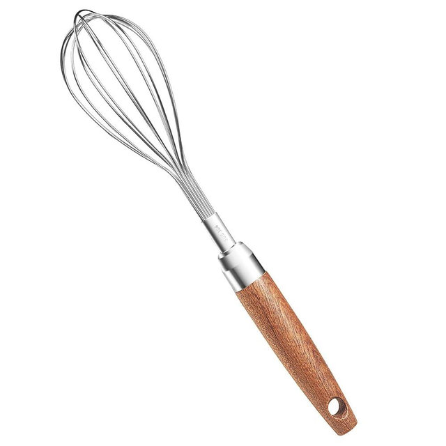 Stainless Steel Wire Whisk, Wooden Handle Kitchen Multi Function Non Stick Balloon Whisk Egg Beater for Blending Whisking, Beating, Frothing & Stirring Batters (10"L x 1.8"W)