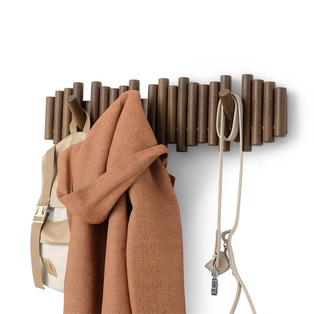 Umbra Picket Coat Rack with 8 Hooks – Walnut Wall-Mounted Coat Rack with Flip-Down Wooden Hooks, Real Pine Wood Decorative Wall Storage for Jackets, Hats, Scarves, Bags, Entryway, Bedroom Living Room