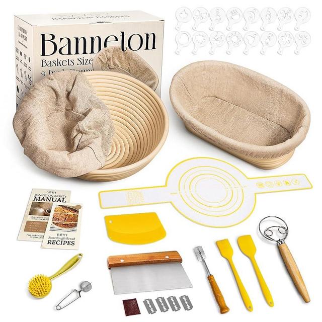 BAVIFY Banneton Bread Proofing Basket Set: 9" Round & 10" Oval Banneton Basket, Sourdough Bread Baking Supplies with Bread Lame, Dough Whisk, Dough Scraper, Bread Sling Complete Bread Making Kit