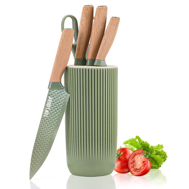 Kitchen Knife Set, Retrosohoo 6-Pieces Green Sharp Knife Set for Kitchen, Non-stick Non-slip Stainless Steel Chef Knife Set with Universal Knife Block Suitable for Home Restaurant (Green)