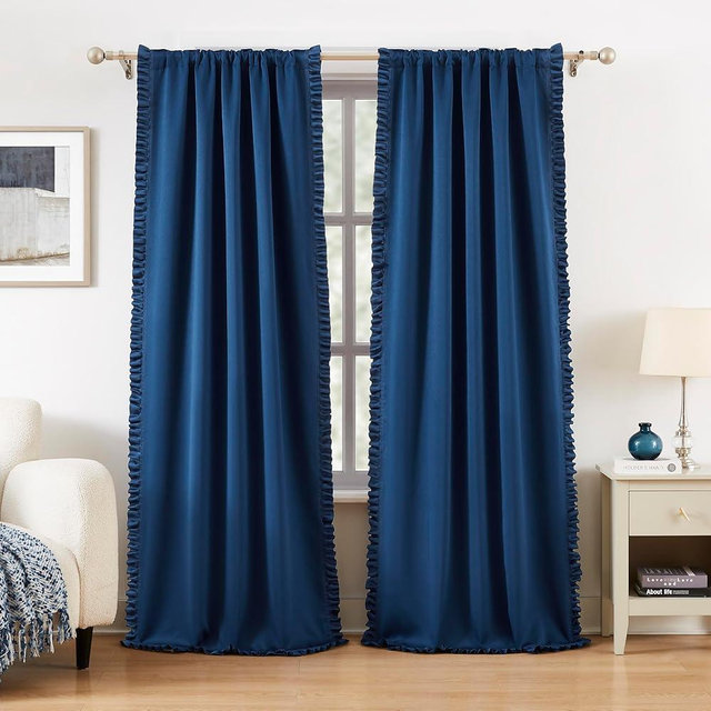 Jubilantex Ruffle Blackout Curtains 84 Inches Long 2 Panels Fabric Farmhouse Curtain Soft Light Filtering Flowy Drapes for Living Room Bedroom Rod Pocket Light Filtering Window Curtains, 40x84, Blue