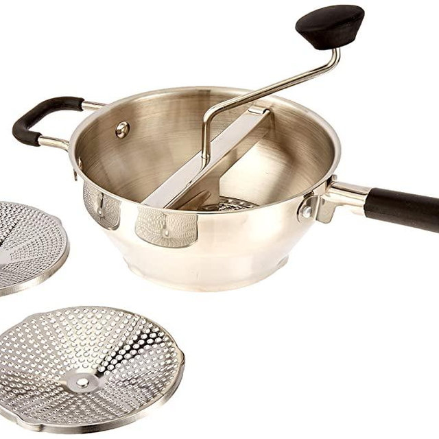 ExcelSteel Food Mill W/3 Grinding Sizes, 17" x 8.25" x 3.75", for Versatile Textures in Soups, Sauces, and Foods