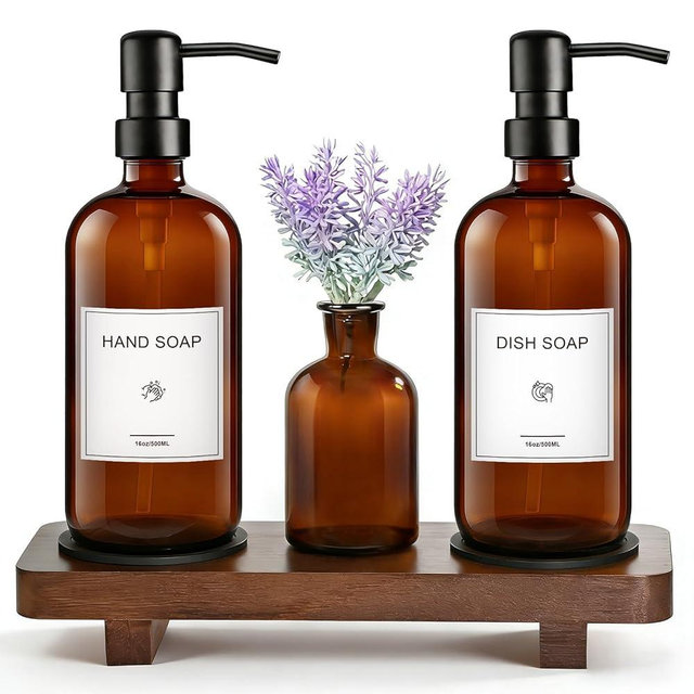 KEYWING Kitchen Soap Dispenser Set with Wood Tray, 16oz Amber Glass Soap Dispensers with Stainless Steel Pumps, Hand and Dish Soap Dispenser Set for Kitchen, Soap and Lotion Dispenser Set for Bathroom