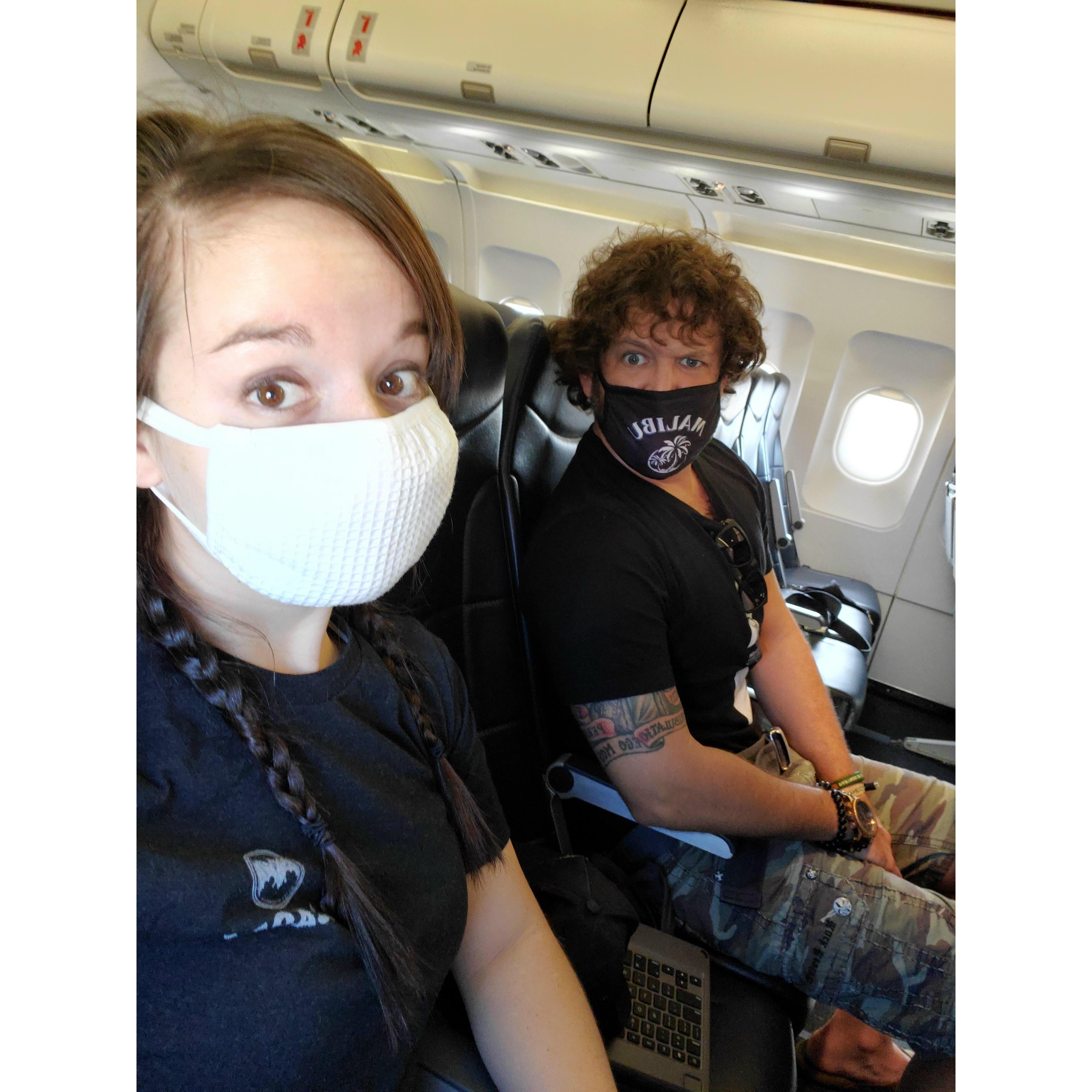 Wearing our submission muzzles so we can still go on adventures.