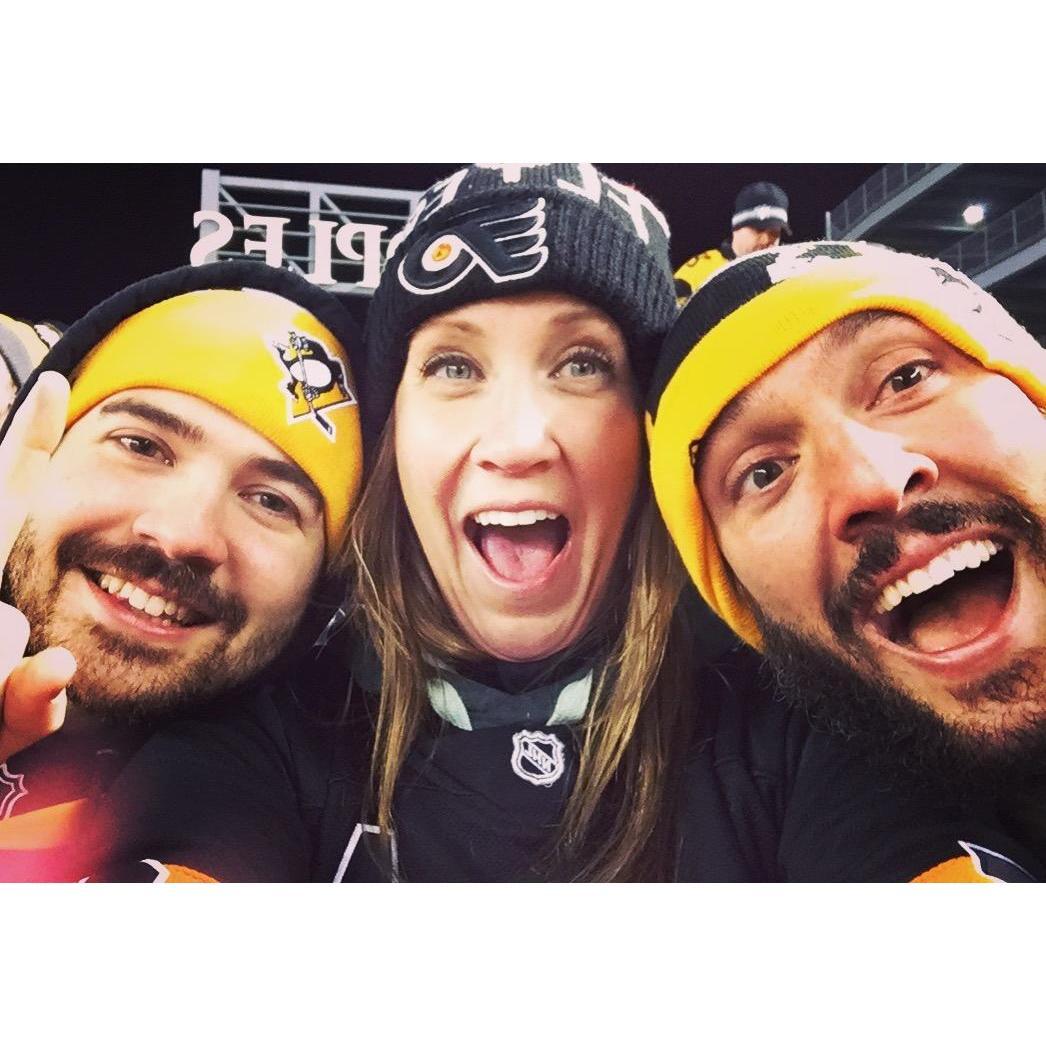 A family divided, Flyers vs. Pens 2017 Outdoor Classic in Pittsburgh PA (Phil, Suzanne, Rob)