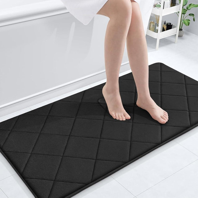 OLANLY Memory Foam Bath Mat 47x24, Ultra Soft and Absorbent Bathroom Rugs, Machine Washable, Comfortable Bath Carpet for Bathroom Floor, Tub and Shower, Black