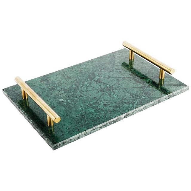 HighFree Marble Stone Decorative Tray Perfume Tray with Copper-Color Metal Handles Handmade Jewellery Tray Catchall Tray Trinket Tray for Counter, Vanity, Dresser, Nightstand and Desk (Green)