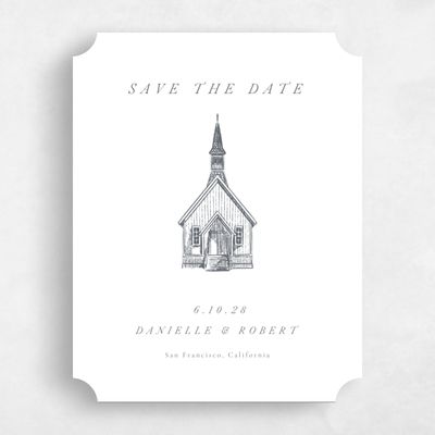 White Ticket Wedding Save the Date - Rustic Church Portrait