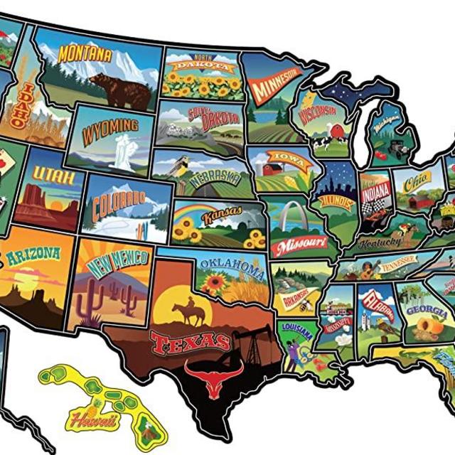 RV State Travel USA Map Vinyl Sticker - Camper Trailer Decals for Window with State Flag - Road Trip Map of America - Waterproof, UV Protection for Window, Door or Wall (Popular)