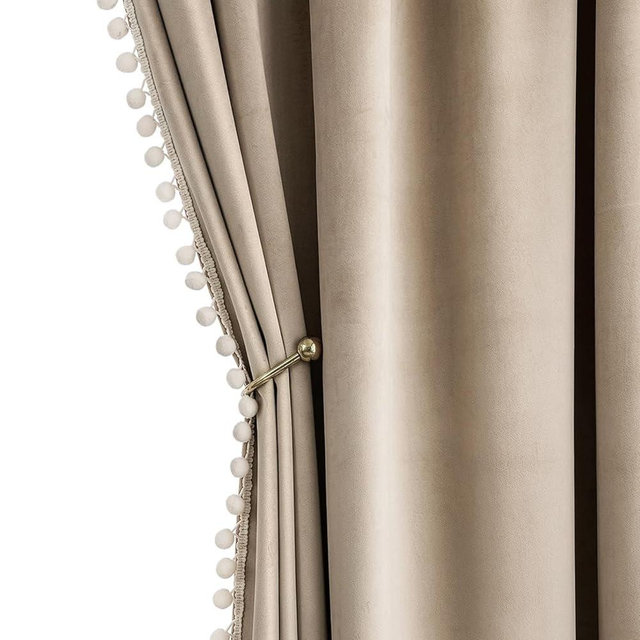 MIULEE Camel Beige Pom Pom Velvet Curtains for Bedroom/Living Room Darkening Thermal Insulating 84 Inches Long Blackout Curtains with Rod Pocket for Girls Room/Nursery/Home Theater Set of 2