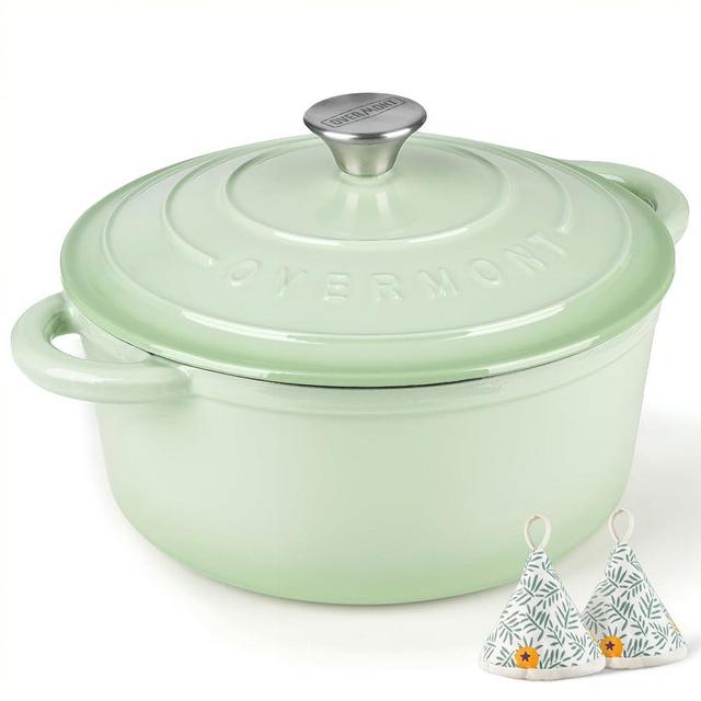 Overmont Enameled Cast Iron Dutch Oven - 5.5QT Pot with Lid Cookbook & Cotton Potholders - Heavy-Duty Cookware for Braising, Stews, Roasting, Bread Baking Verdant