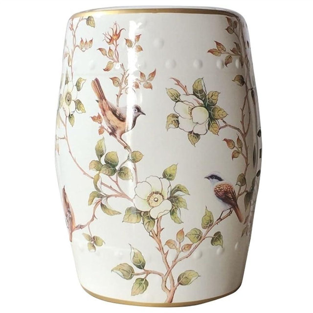 VADRET Decorative Ceramic Garden Stool, Glazed Hollow Flower and Bird Changing Stool, Suitable for Living Room, Balcony, Garden, Etc. (Color : White)