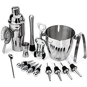 Bar Tool Set 100% Stainless Steel Bartender Martini Shaker Cocktail with Strainer Corkscrew Bottle Opener Jigger Ice Tongs and Storage Rack