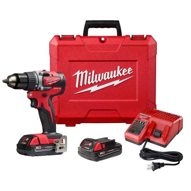 Milwaukee 2801-22CT M18 18-Volt Lithium-Ion Brushless Cordless Compact 1/2 Inch Drill/Driver Kit with 2 Batteries 2.0 Ah, Charger and Case (Non-Retail Packaging)