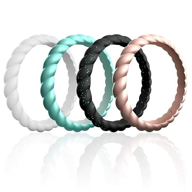 ROQ Silicone Wedding Rings for Women, Affordable Thin Braided Stackable Silicone Rubber Wedding Bands, 8, 4 & 2 Packs and Singles
