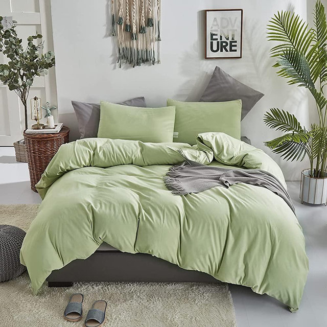 KAREVER Sage Green Comforter Set Queen Solid Sage Green Bedding Set Bionic Fiber Insert Women Lightweight Soft Light Green Breathable Blanket Men 3 PCs Durable Comforter Set Queen