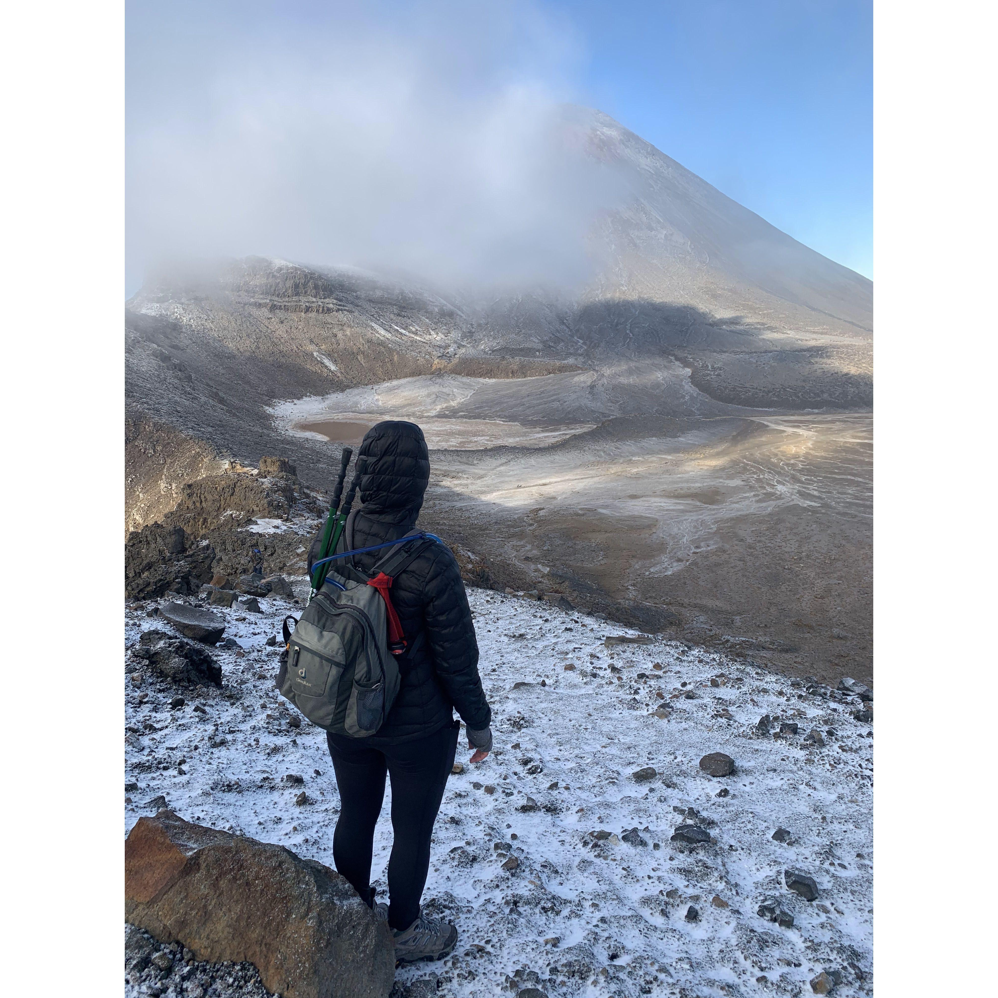 Another view of Mt Ngauruhoe, this time at the end of April. It was very cold and started snowing on us