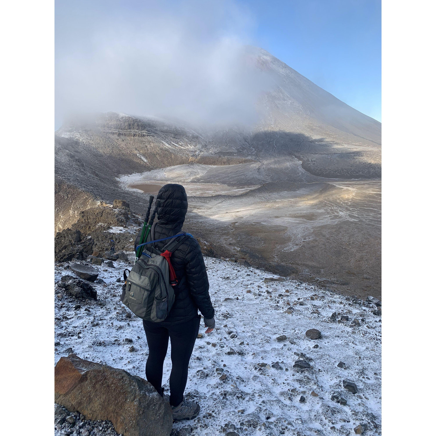 Another view of Mt Ngauruhoe, this time at the end of April. It was very cold and started snowing on us