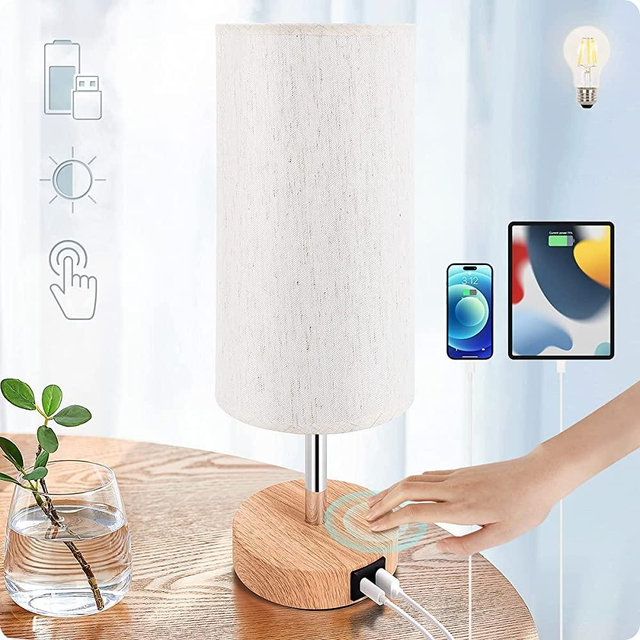 Yarra-Decor 【Upgraded Bedside Lamp with USB Port - Touch Control Table Lamp for Bedroom Wood 3 Way Dimmable Nightstand Lamp with Round Flaxen Fabric Shade for Home Office (LED Bulb Included)