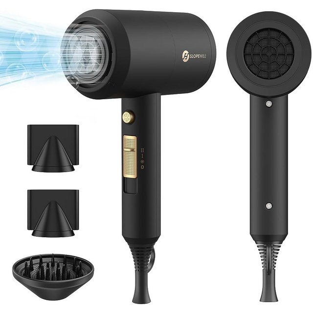 Slopehill Professional Ionic Hair Dryer, Powerful 1800W Fast Drying Low Noise Blow Dryer with 2 Concentrator Nozzle 1 Diffuser Attachments for Home Salon Travel (Black)