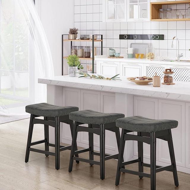 Sophia & William Bar Stools Set of 3 Counter Height 24" Kitchen Island Stools with Solid Wood Legs, Abrasive Leather Upholstered Farmhouse Saddle Bar Stool for Kitchen Counter,Black,3PC