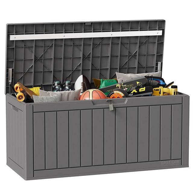 EAST OAK Outdoor Storage Box, 90 Gallon Deck Box, Waterproof Resin Storage Bin for Patio Cushions, Gardening Tools, Pool Toys, Lockable, UV Resistant, Grey