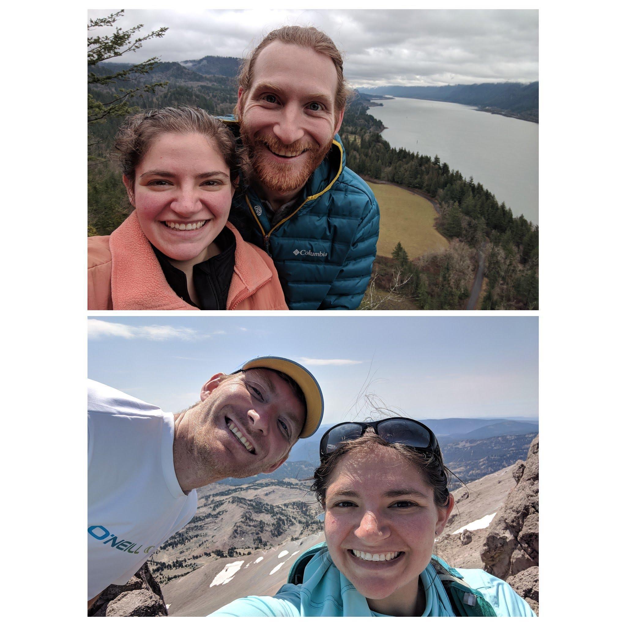About a year apart. Top is on Beacon Rock in Washington State. Bottom is summiting Lassen Peak in Lassen National Park, CA.