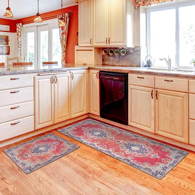 Washable Kitchen Rugs and Mets Set, 2 Piece Kitchen Rug Runner with Rubber Backing Non-Slip, Bohemian Rug for Bathroom, Sink, Laundry, Machine Washable Mat Thin (17'' x 24'' &17'' x 48'', Pink Red)