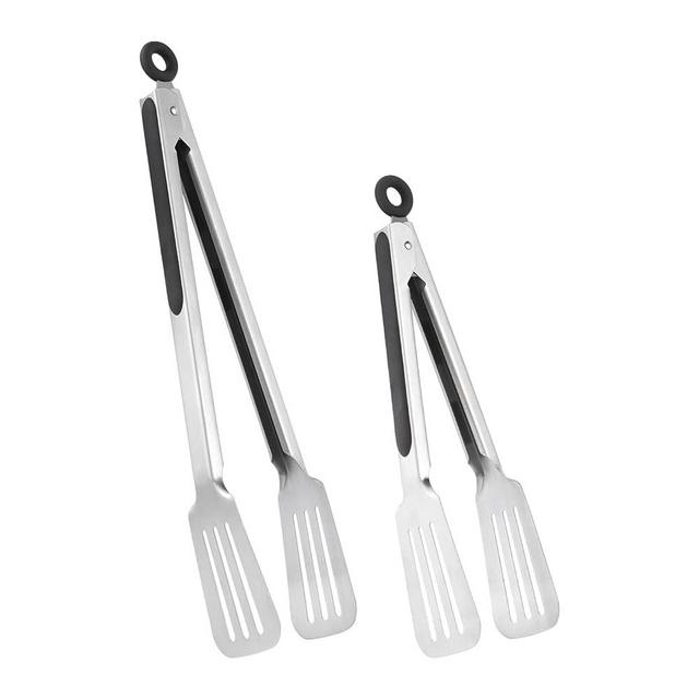 Lebabo Metal Tongs for Cooking, Set of 2 Stainless Steel Spatula Tongs for Cooking and Grilling, Strong Grip for Meat, Steak and Fish, Comfortable Handle, Easy Pull Lock, 9 inch & 12 inch, Black