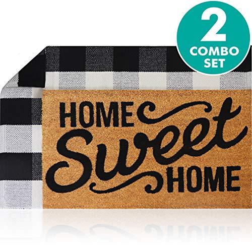 Sierra Concepts Pure Coco Coir Front Door Welcome Mat Outdoor Rug 30"x17" + Buffalo Plaid Rug Checkered Layered Black and White Floor Combo Set - Non Slip Entryway Indoor Outdoors Mats Home Sweet Home