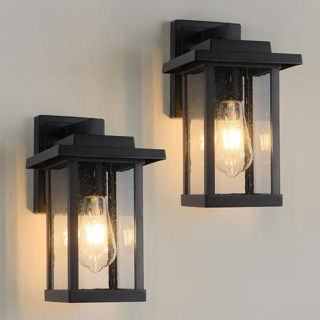 Smeike Black Exterior Light Fixtures 2 Pack, Farmhouse Outdoor Wall Sconce, Modern Front Porch Light with Seeded Glass for House Patio Garage Entrace