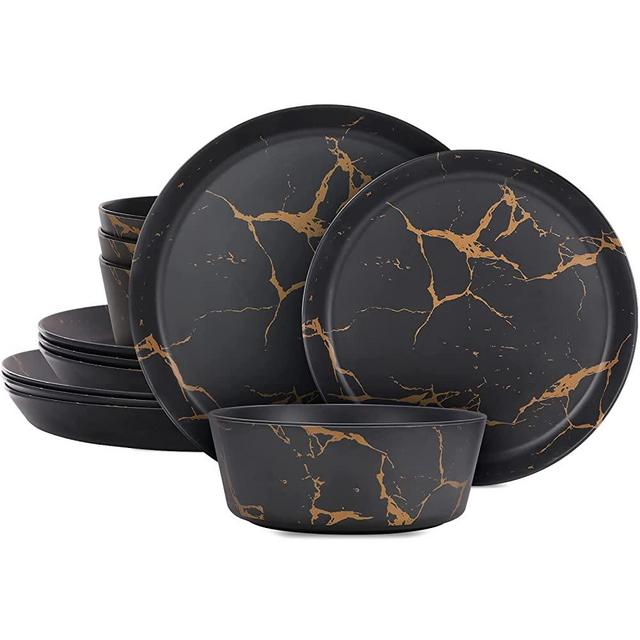 FELOVUWON Melamine Dinnerware Set 12Pcs Unbreakable Dinner Plates and Bowls Set for 4 BPA-Free Dishwasher Safe Dishes Set Suitable for Casual Indoor Outdoor Dining Party RV Camping (Black Marble)