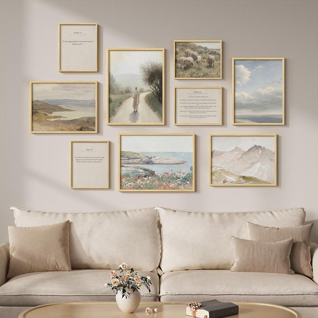 Framed Christian Gallery Wall Art Set of 9, Neutral Vintage Scripture Prints with Bible Verse Quotes and Jesus Artwork, Inspirational Religious Decor for Living Room Bedroom Prayer Room