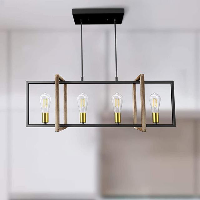 Kitchen Island Light Fixture Bpmart Modern Pendant Lighting 4-Light Linear Chandelier Industrial Hanging Ceiling Light for Dining Room, Black/Wood , E26 Blub Base