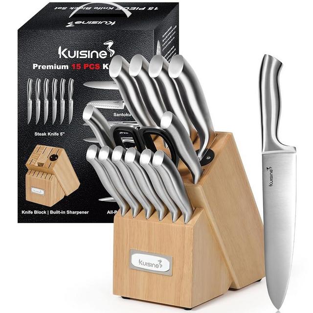 Kuisine Premium Knife Set,One Piece Molding High Carbon Stainless Steel Sharp Blade Ergonomic Handle,Kitchen Block Knife Set Chef Knife Block Set with Built-in Sharpener(Natural, 15PCS)