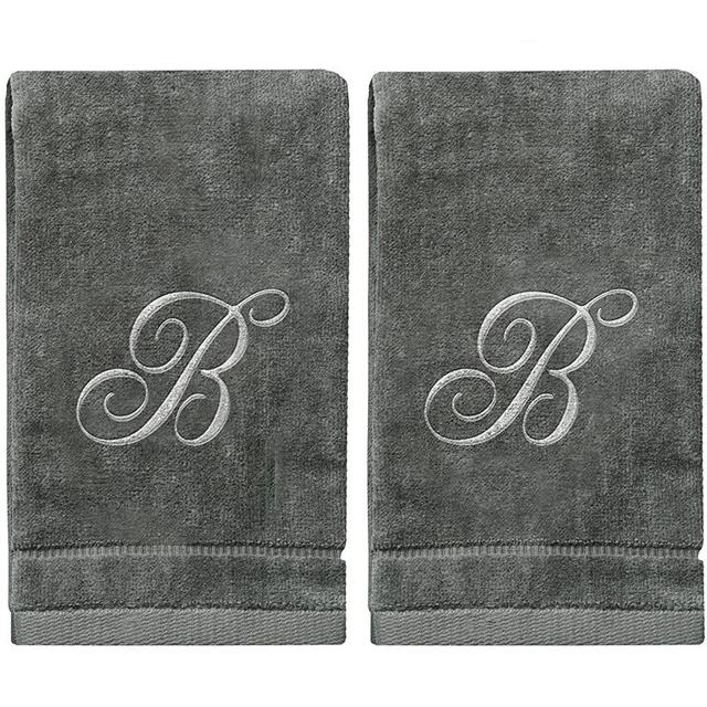 Monogrammed Towels Fingertip, Personalized Gift, 11 x 18 Inches - Set of 2- Silver Embroidered Towel - Extra Absorbent 100% Cotton- Soft Velour Finish - for Bathroom/ Kitchen/ Spa- Initial B (Gray)