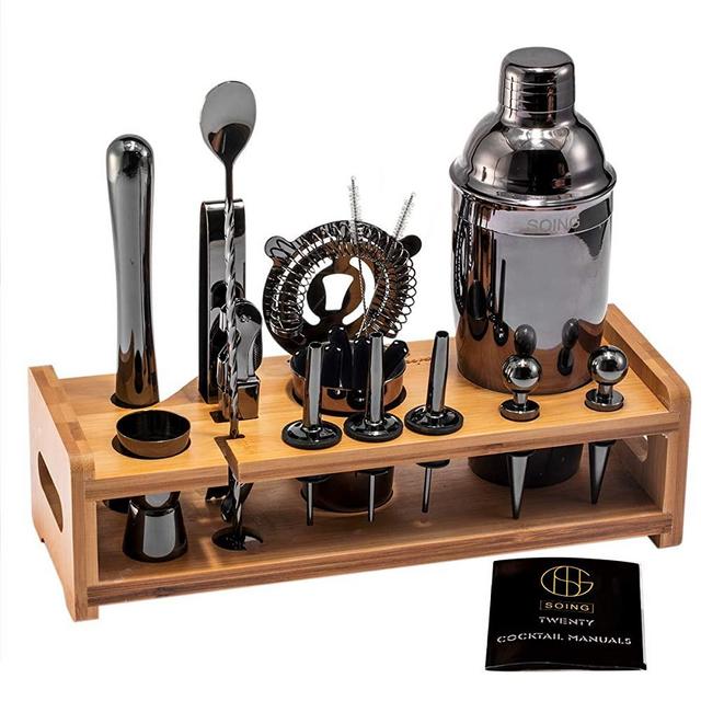 Black 24-Piece Cocktail Shaker Set Perfect Home Bartending Kit for Drink Mixing，Stainless Steel Bar Tools With Stand，Velvet Carry Bag & Recipes Included(Jet Black)