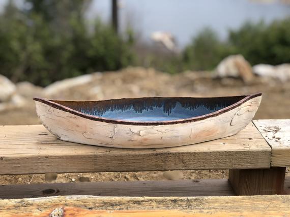 16 1/2" Birch Bark Pottery Stoneware Canoe