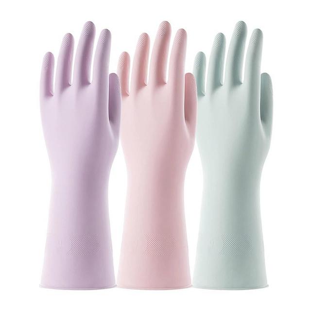 COOLJOB 3 Pairs Reusable Rubber Gloves for Dishwashing Cleaning Bleaching, Grippy Latex Dish Washing Gloves with Flocked Cotton Liner, Water Resistant Household Gloves for Kitchen Bathroom, Large