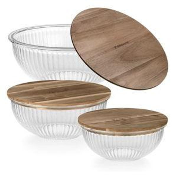Set of 3 Stackable Space-Saving Nesting Glass Mixing Bowls with Acacia Lids (Ribbed)