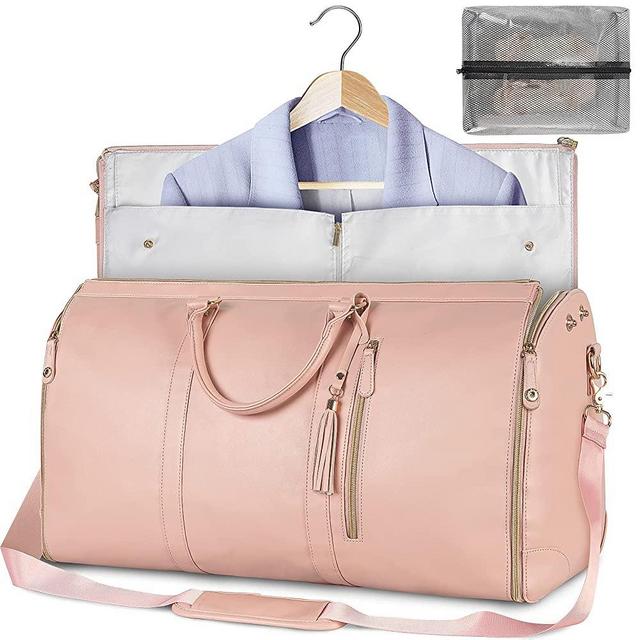 Carry On Garment Bag, Large Leather Duffle Bag for Women, Waterproof Garment Bag for Travel with Shoe Pouch - 2 in 1 Hanging Suitcase Suit Travel Bags, Pink