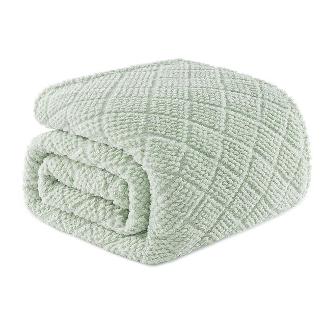 Whale Flotilla Fuzzy Fleece Queen Size Blanket for Bed, Soft Fluffy Jacquard Waffle Blankets for All Season, Lightweight and Warm, 90x90 Inch, Sage Green